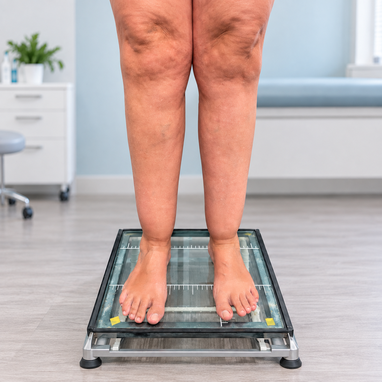 Vista frontal de las piernas de una paciente durante una valoración clínica por sospecha de lipedema.